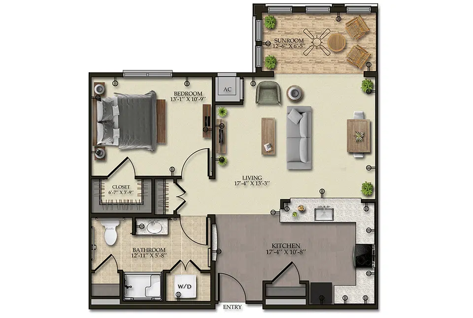 Architectural floor plan of a one-bedroom unit