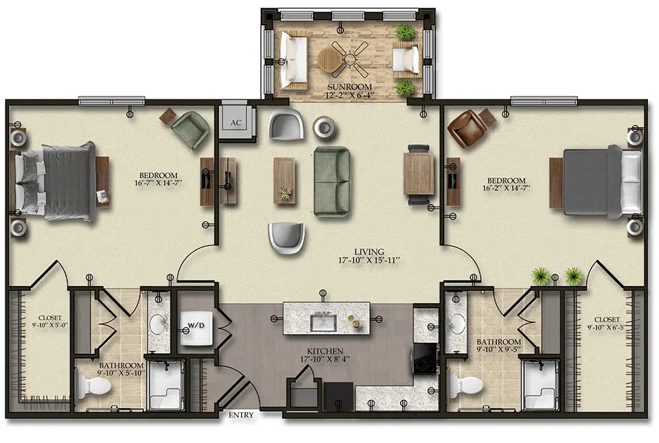 Architectural floor plan of a two-bedroom unit
