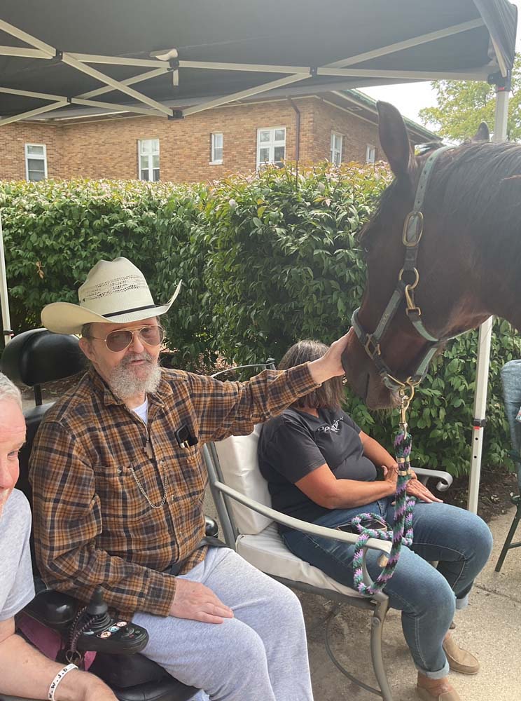 Resident interacting with a horse in an outdoor space