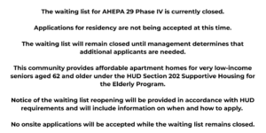 Text regarding the waiting list status for AHEPA 29 Phase IV