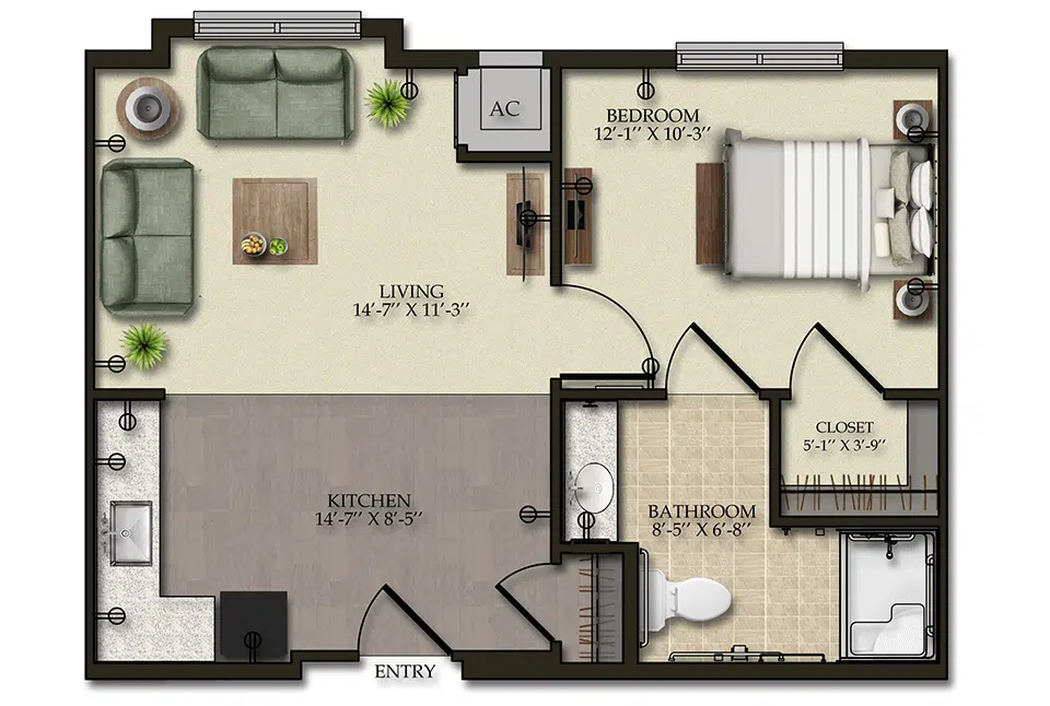 Architectural floor plan of a resident unit