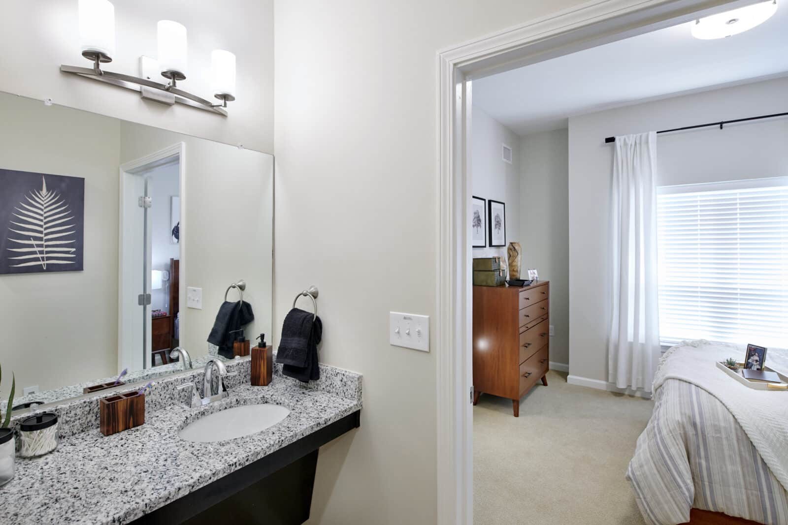 Interior view of a resident's room with a bathroom