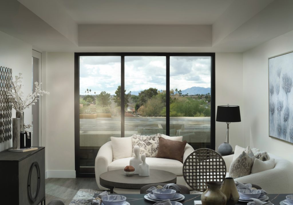 Bright interior common area with a view of the outdoors
