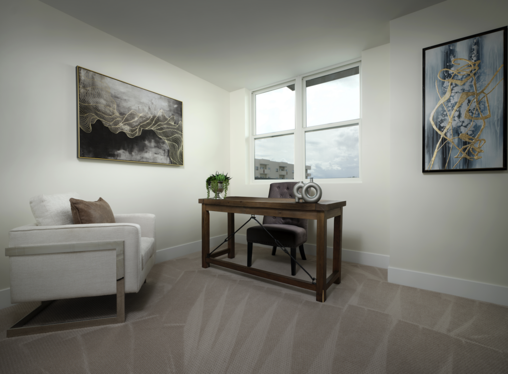 Cozy office space with modern decor and large windows