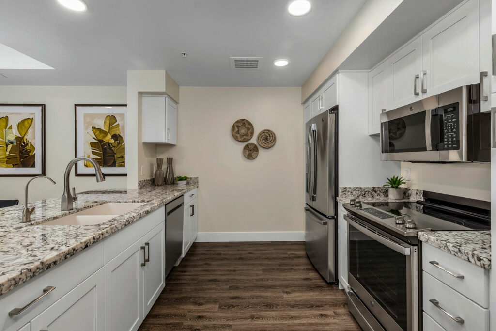 Modern kitchen interior with granite countertops