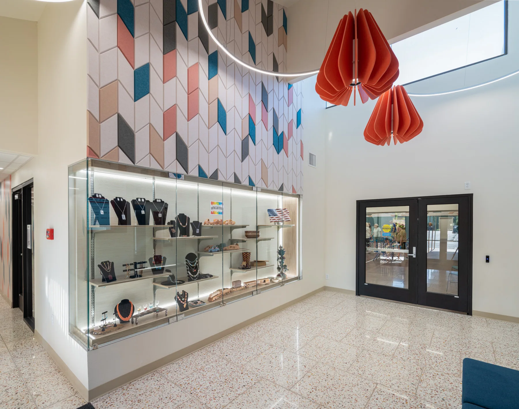 Bright interior of a common area with display cases