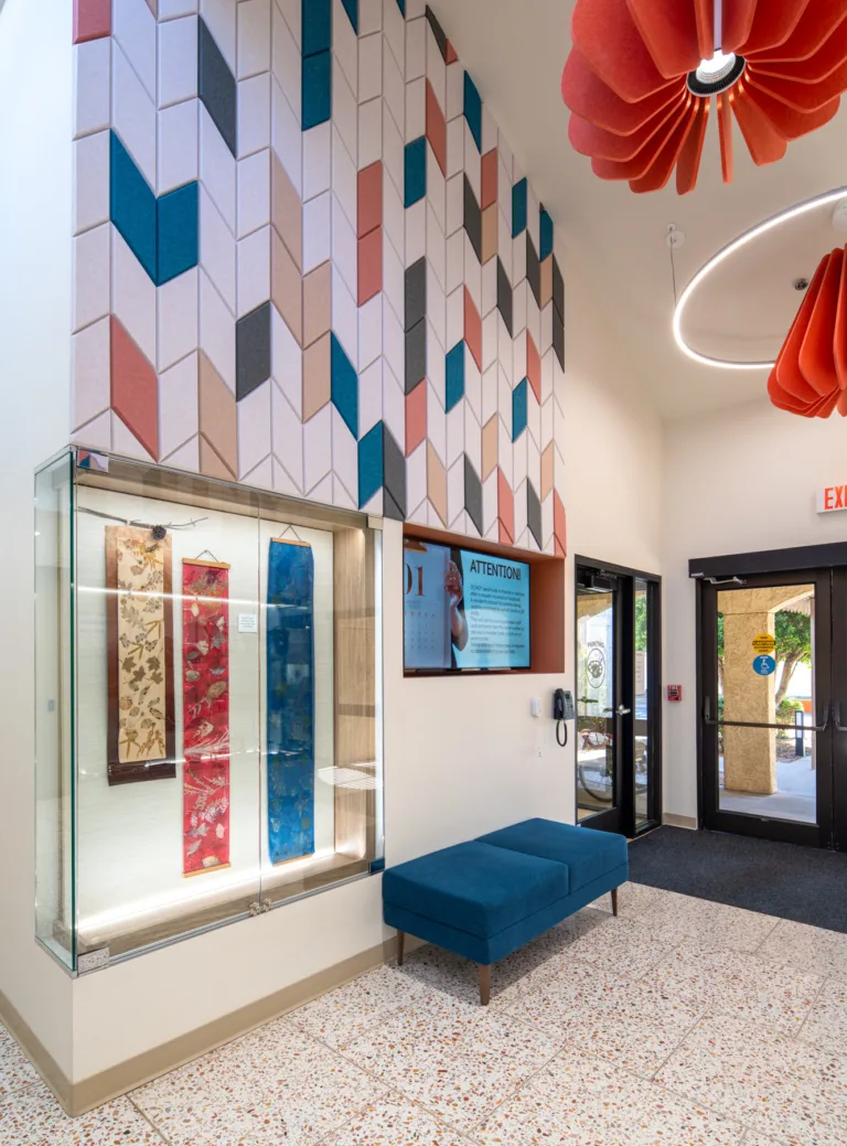 Bright lobby area with modern decor and displays