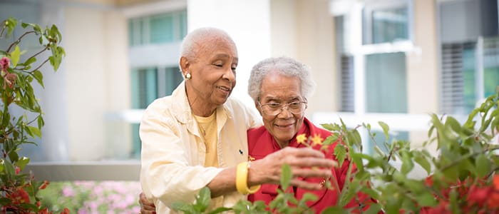 Two residents gardening on a balcony