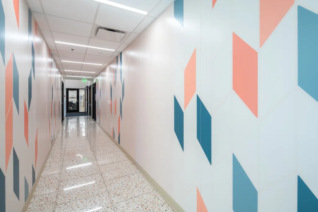 Brightly colored hallway in a senior living facility