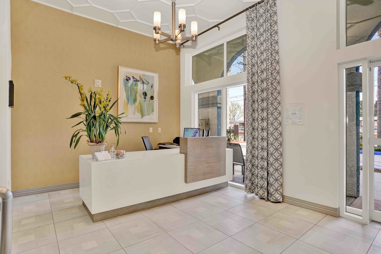 Bright reception area with elegant decor and large windows