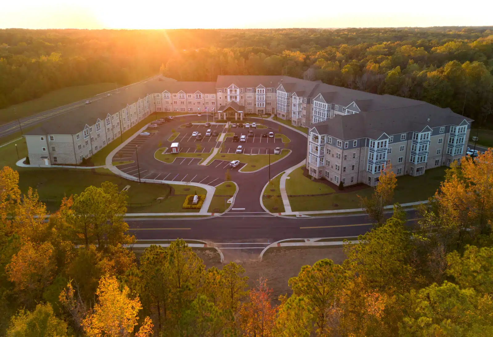 Aerial view of The Crossings at North River during sunset