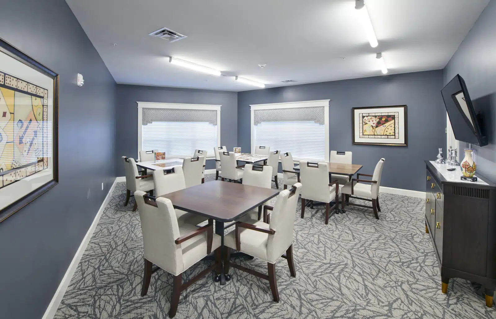 Interior view of a dining room with tables
