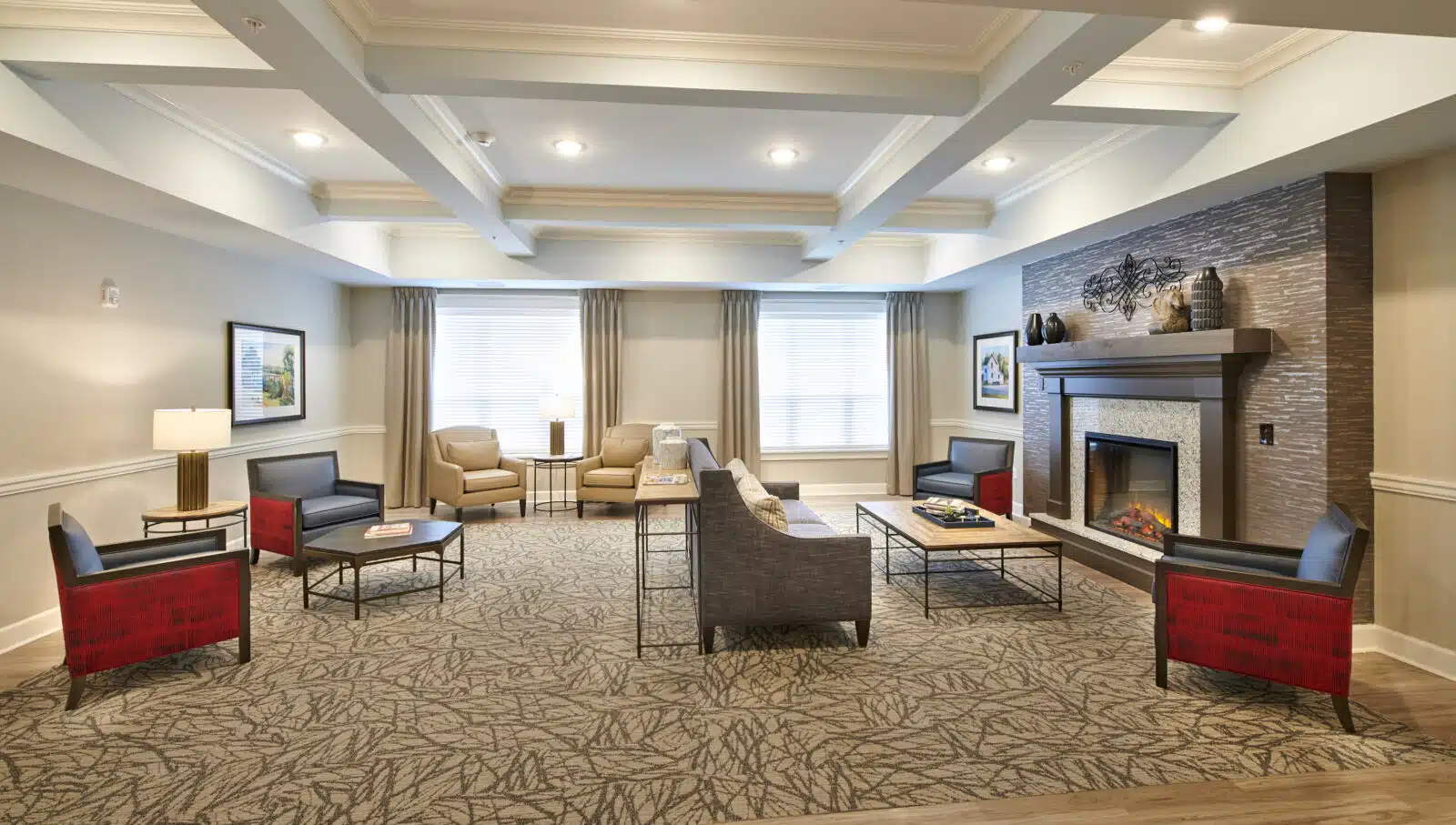 Comfortable common area with seating and fireplace
