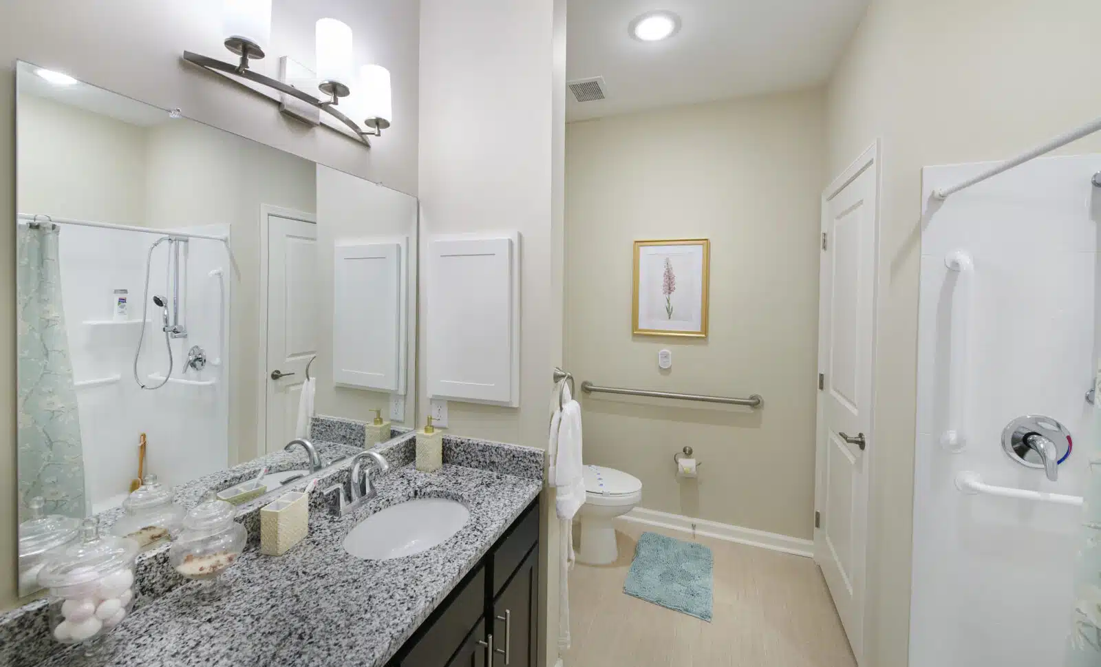 Modern bathroom with a double sink and shower