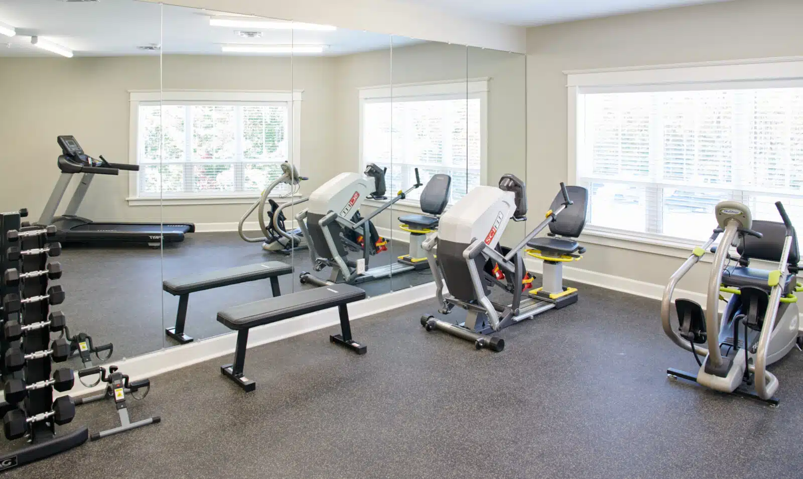Interior of a fitness room with gym equipment