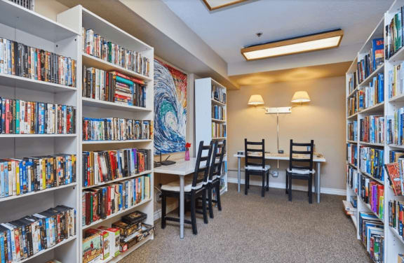 Interior view of a library area with bookshelves