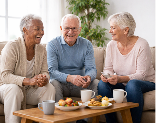 Residents enjoying refreshments and conversation in a common area