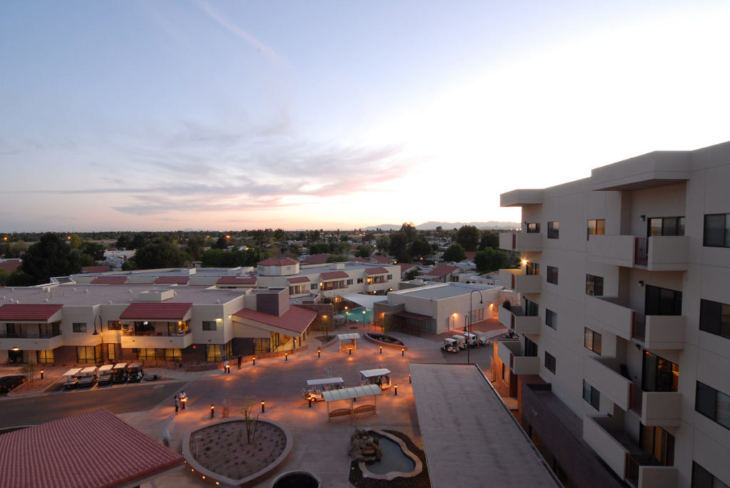 Aerial view of a senior living community with outdoor space