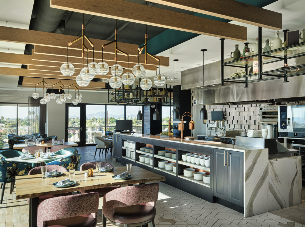 A modern dining area with elegant decor and tables