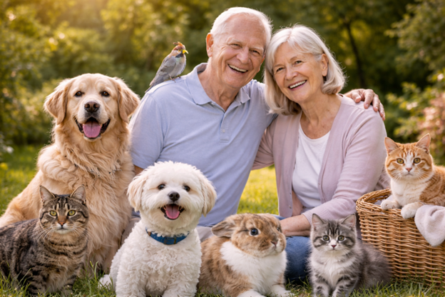 Seniors smiling outdoors with pets in a garden
