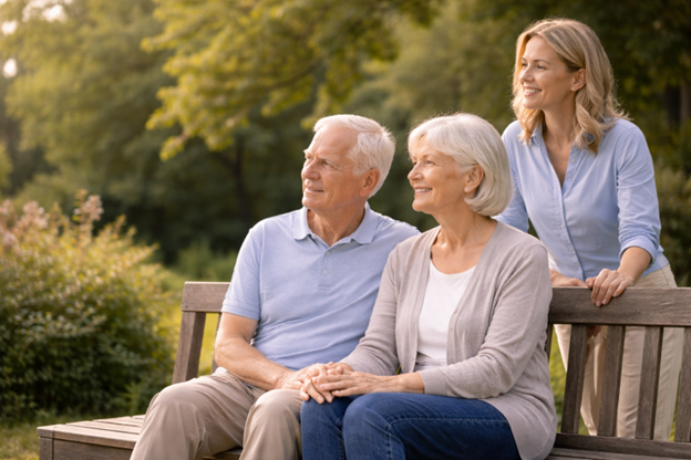 Seniors enjoying a peaceful moment in the garden