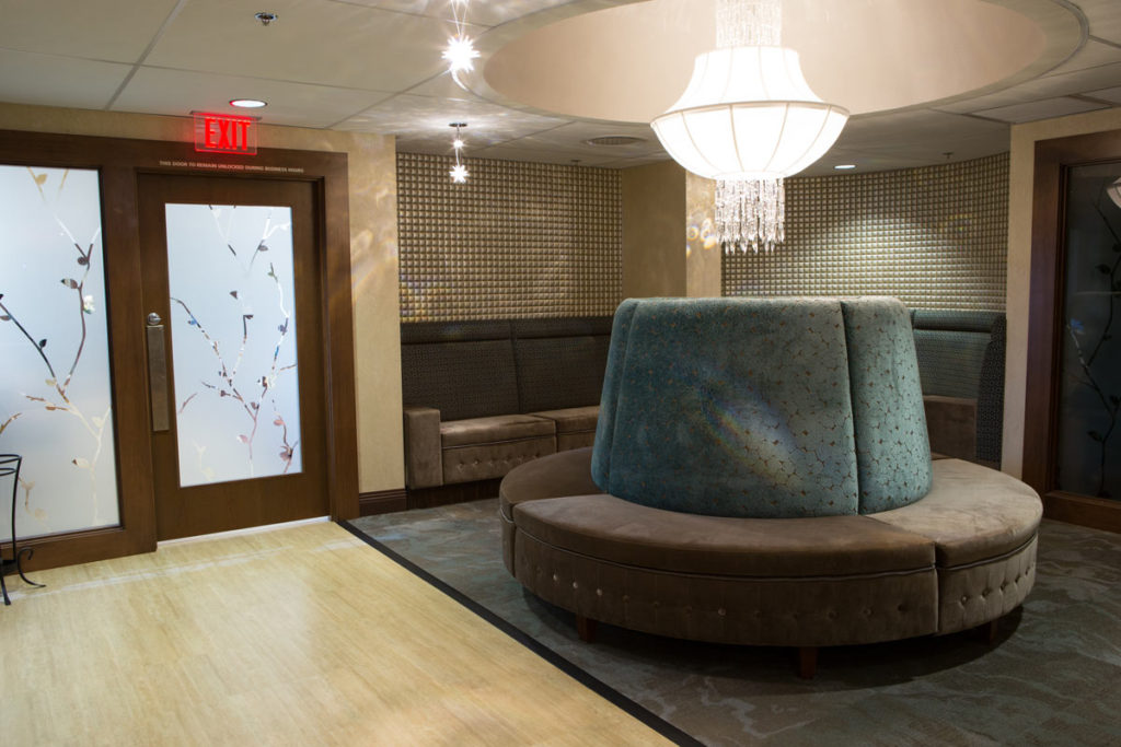 Cozy common area with unique seating and lighting