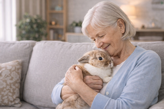 An elderly woman holding a rabbit on a couch