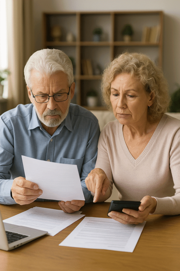 Two seniors discussing documents at a table