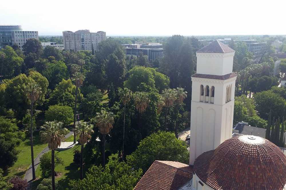 View of lush gardens and facility architecture