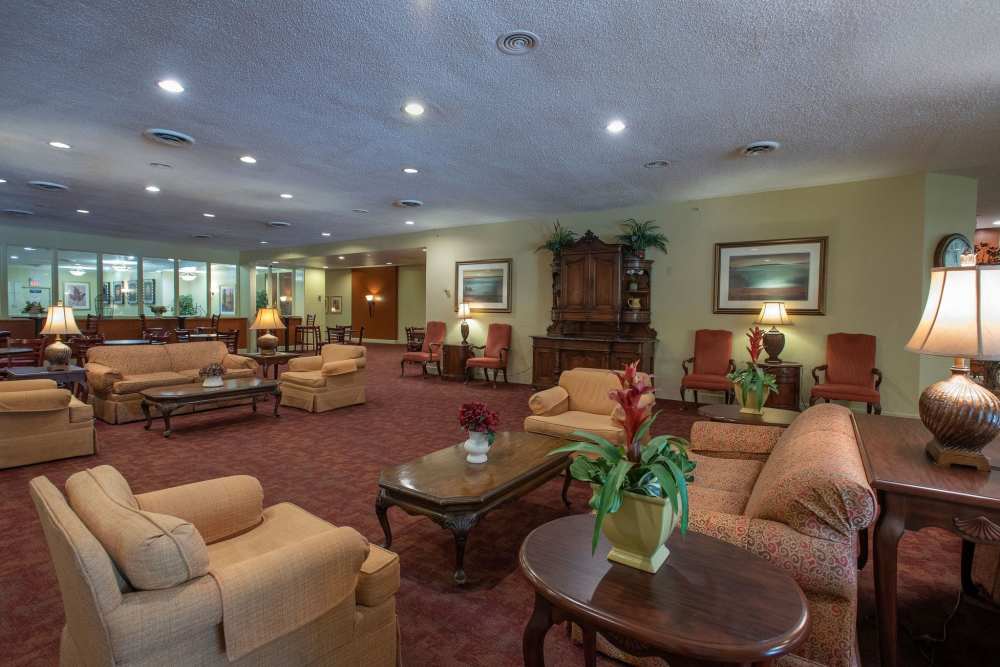 Interior view of a lounge area with seating and decor