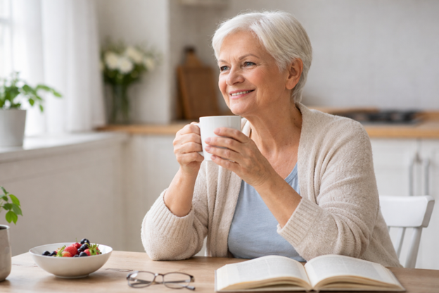An elderly woman enjoying coffee and a meal in a bright kitchen.