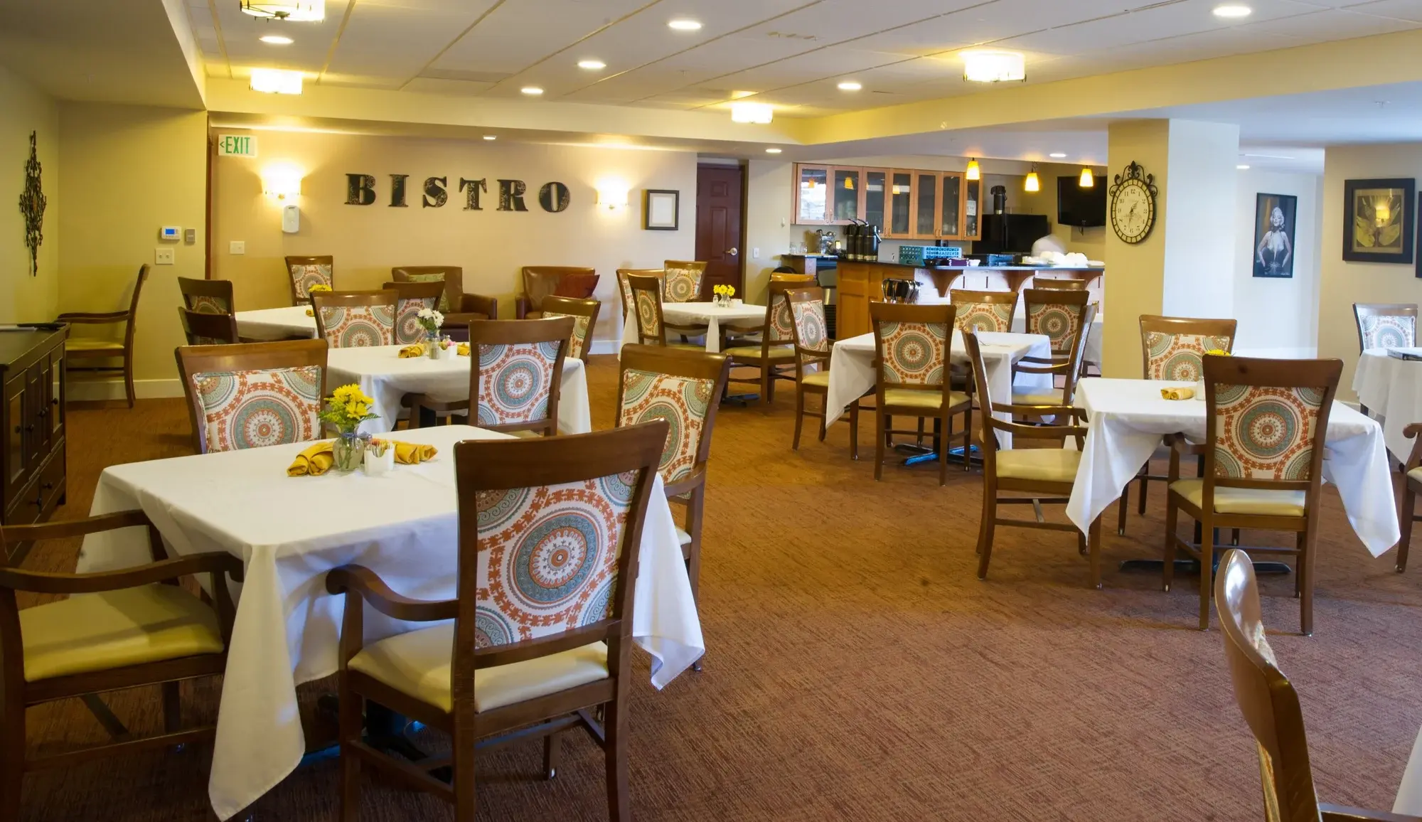 Dining area of a bistro with tables and chairs