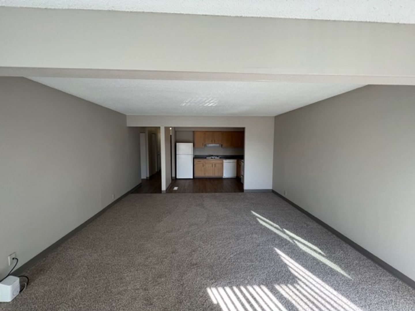 Spacious interior of a resident room with kitchen area visible