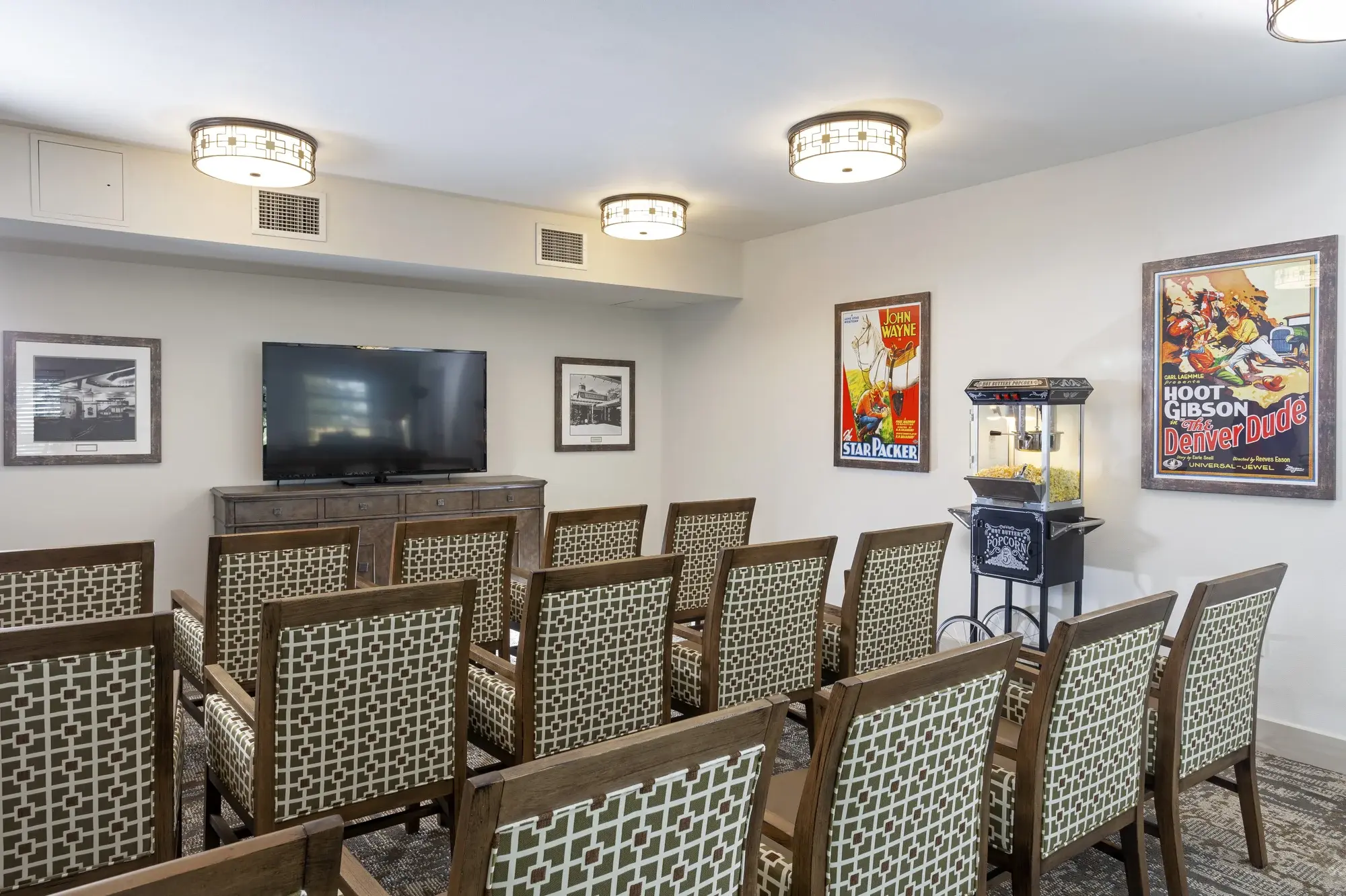 Bright interior activity room with seating arranged