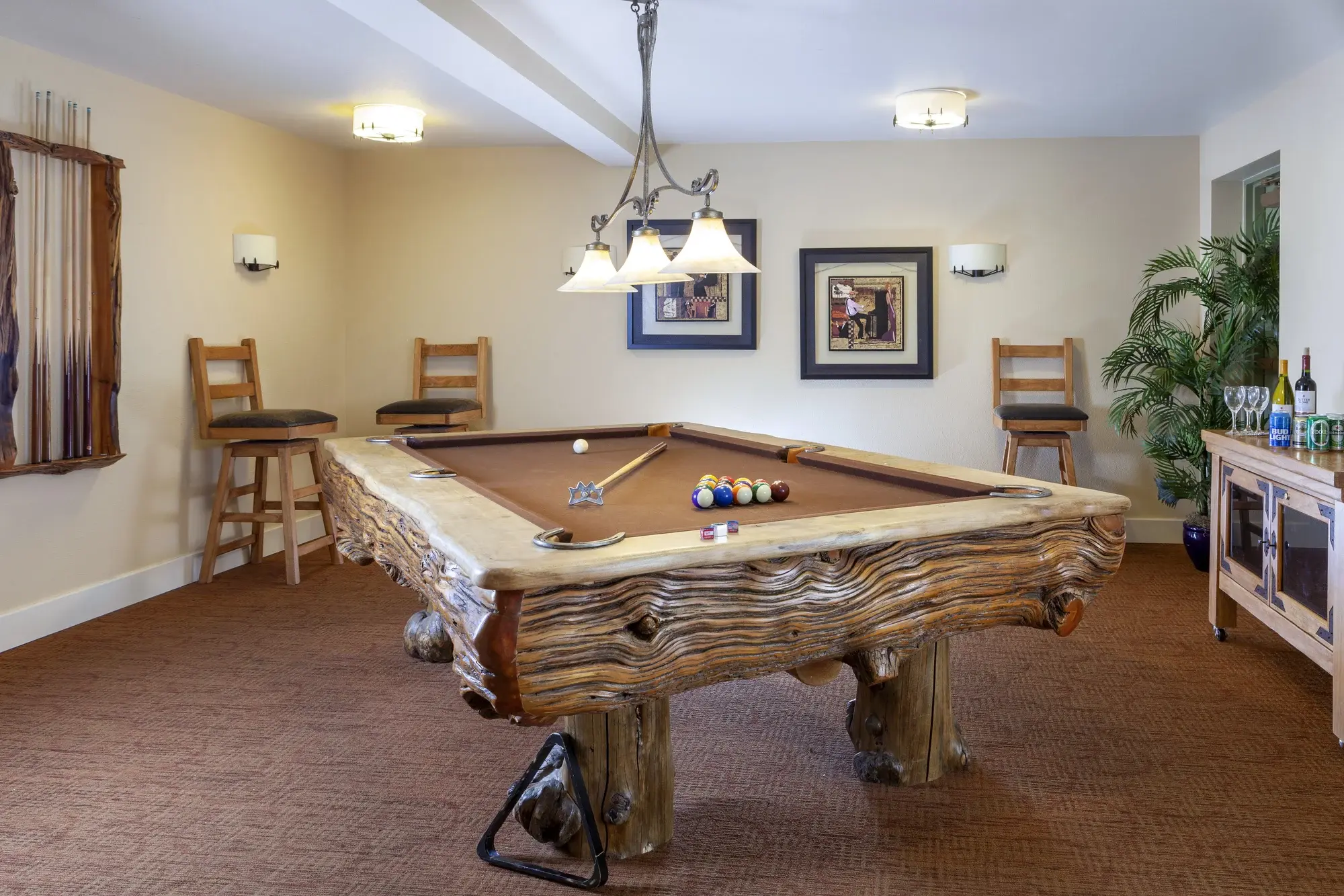 Interior game room with a stylish pool table