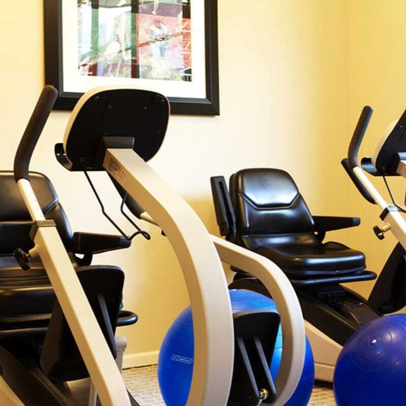Indoor fitness area with exercise equipment and stability balls