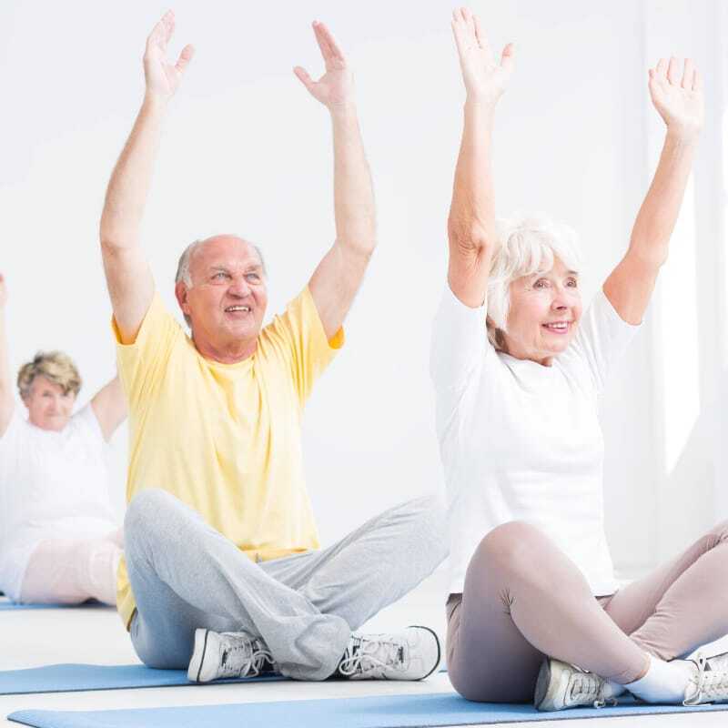 Seniors participating in a seated exercise class