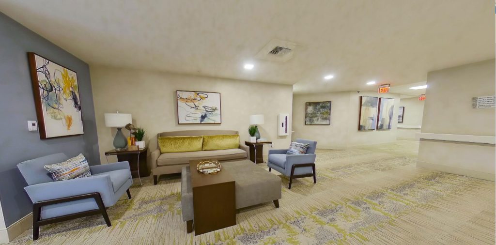 Comfortable seating area in a bright interior lounge