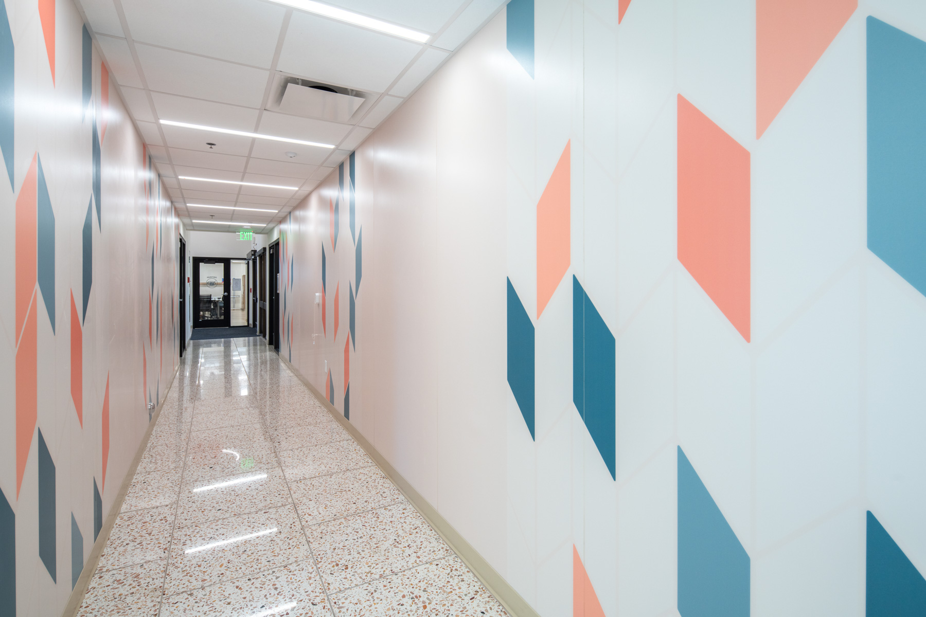 Brightly colored hallway in a senior living facility