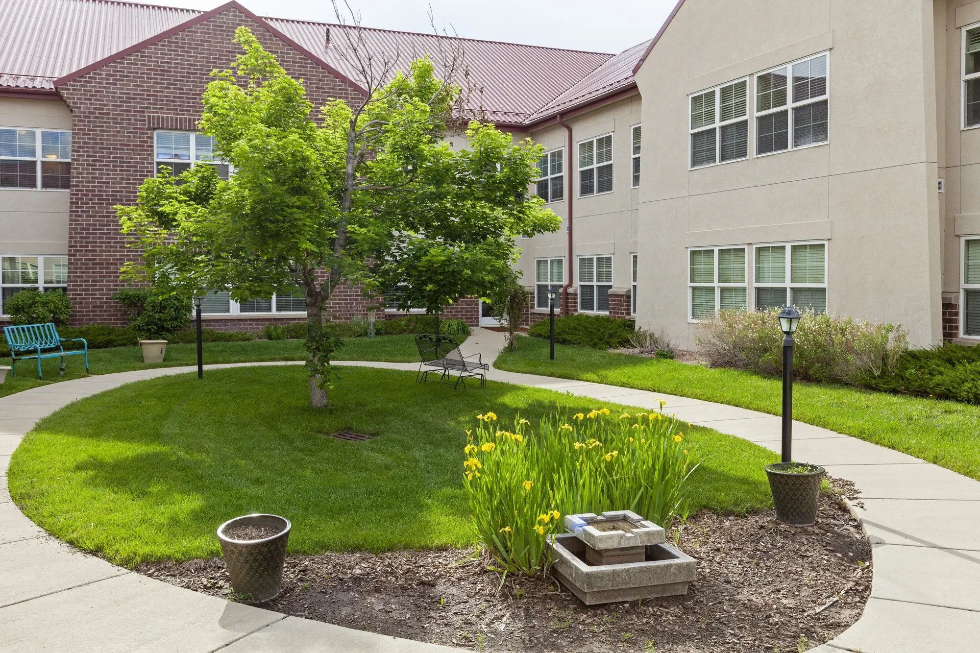 A landscaped outdoor space with greenery and seating
