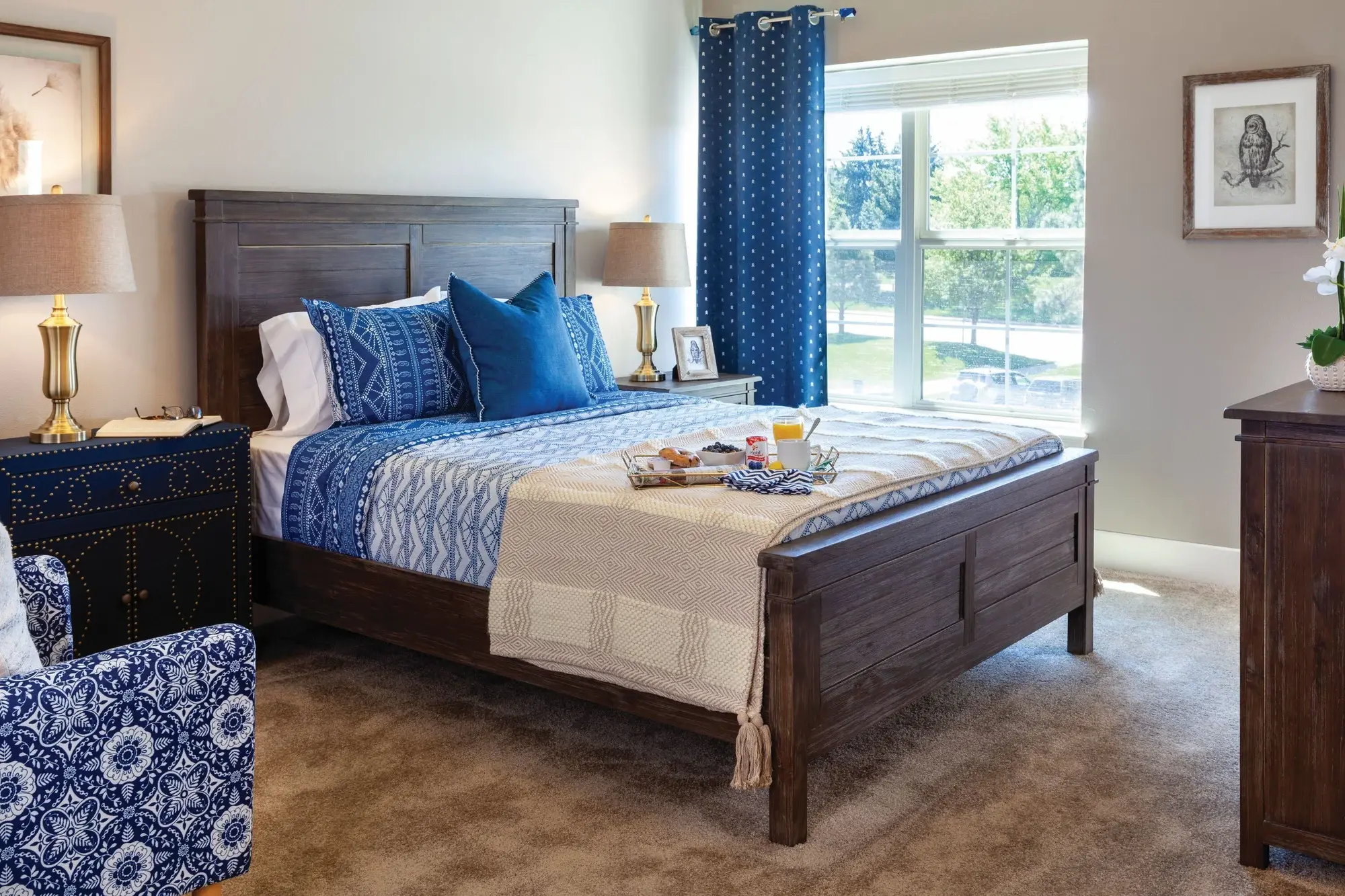 Well-decorated resident bedroom with natural light