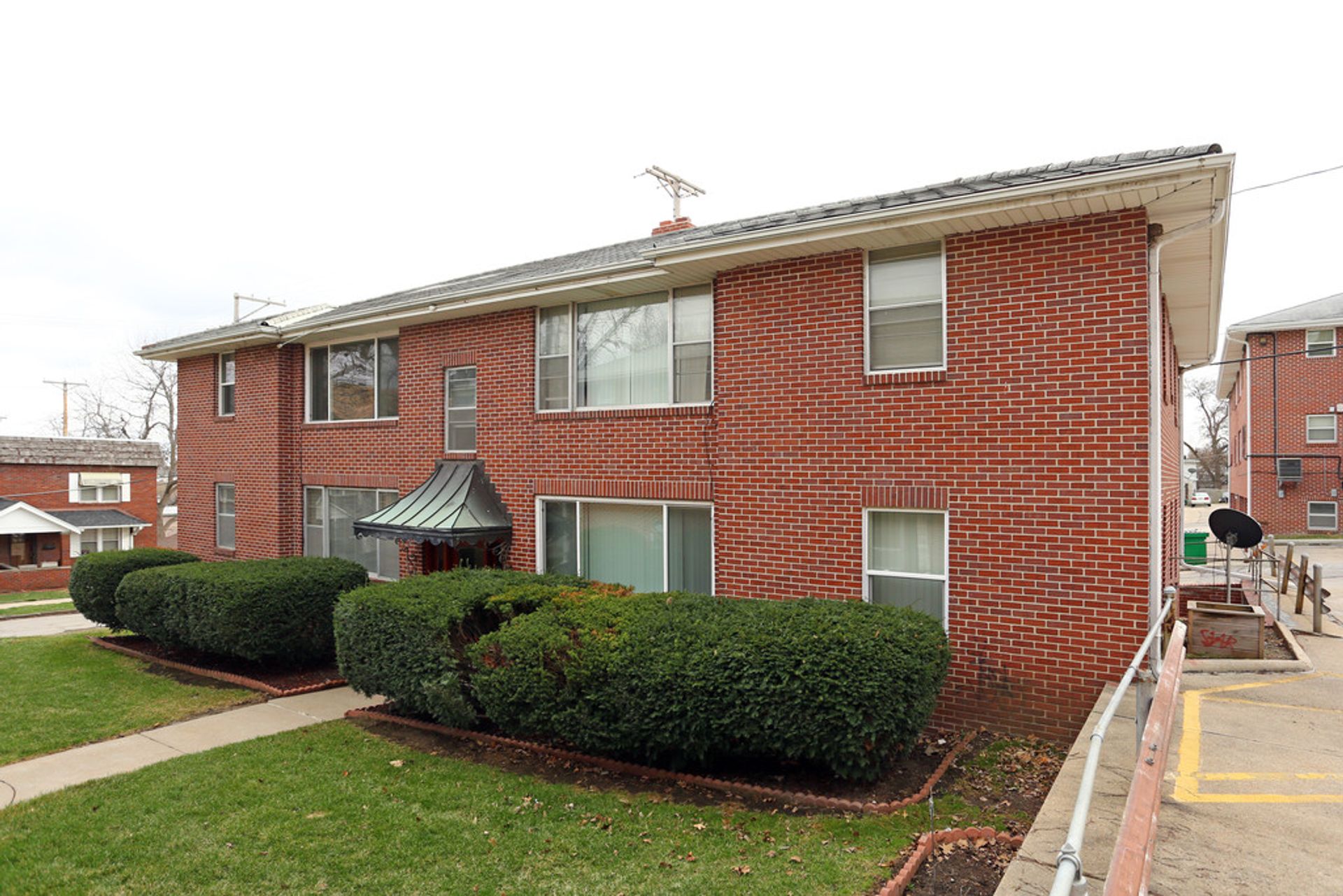 Exterior view of a brick apartment building
