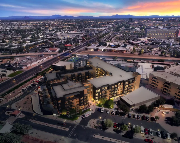 Aerial view of Friendship Village Tempe at sunset