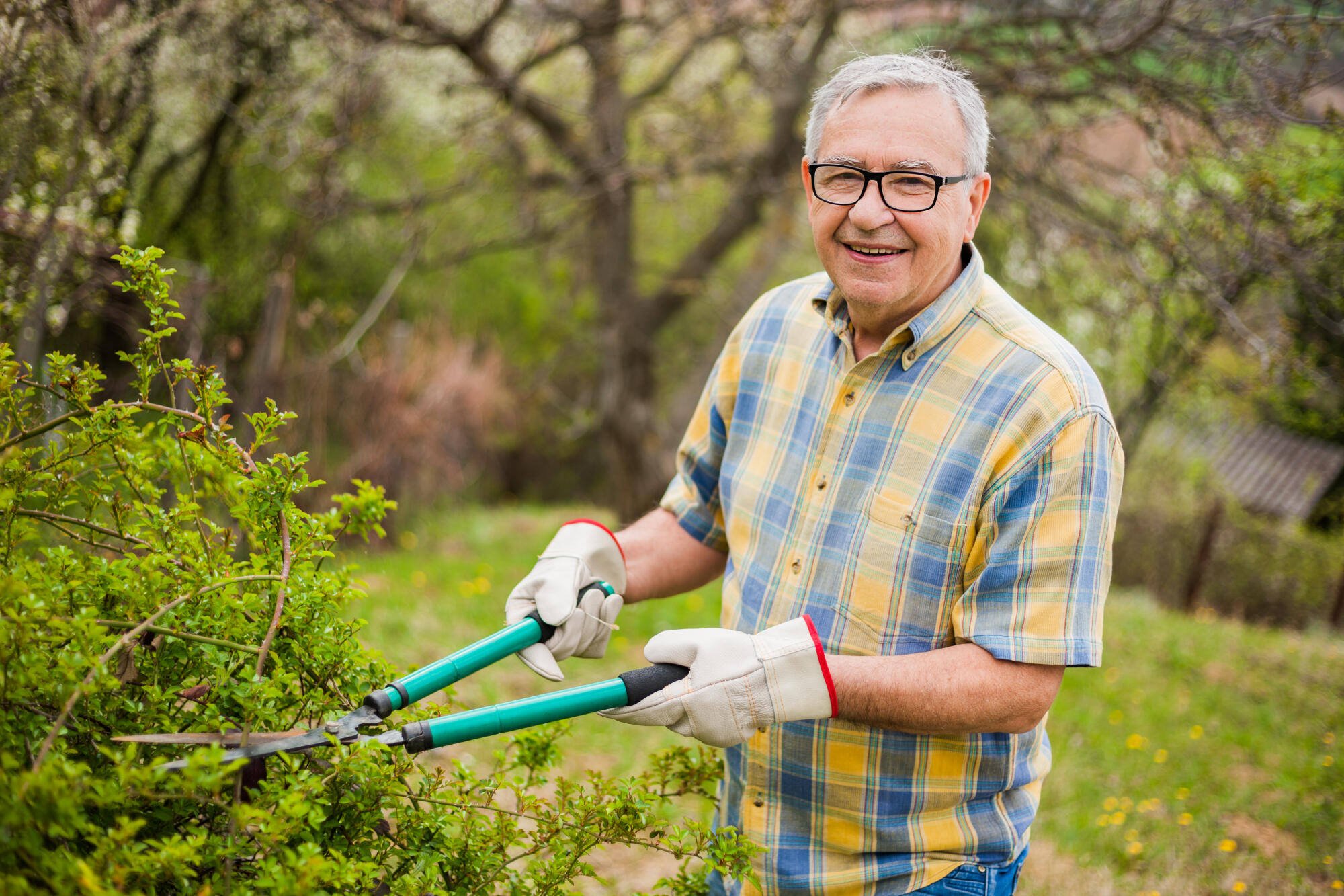 Senior resident gardening outdoors in a green space