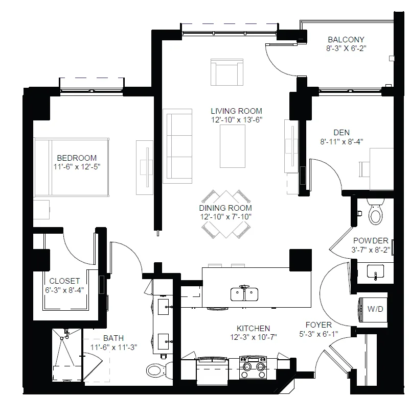 Floor plan layout of a senior living apartment