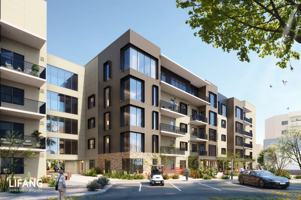 Modern building exterior with surrounding landscaping