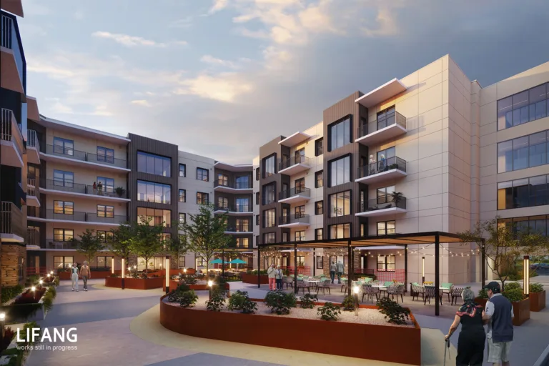 Contemporary building exterior with outdoor seating