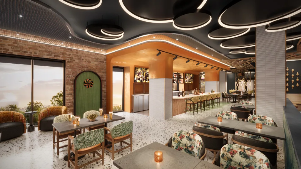 Modern dining area with stylish decor and seating