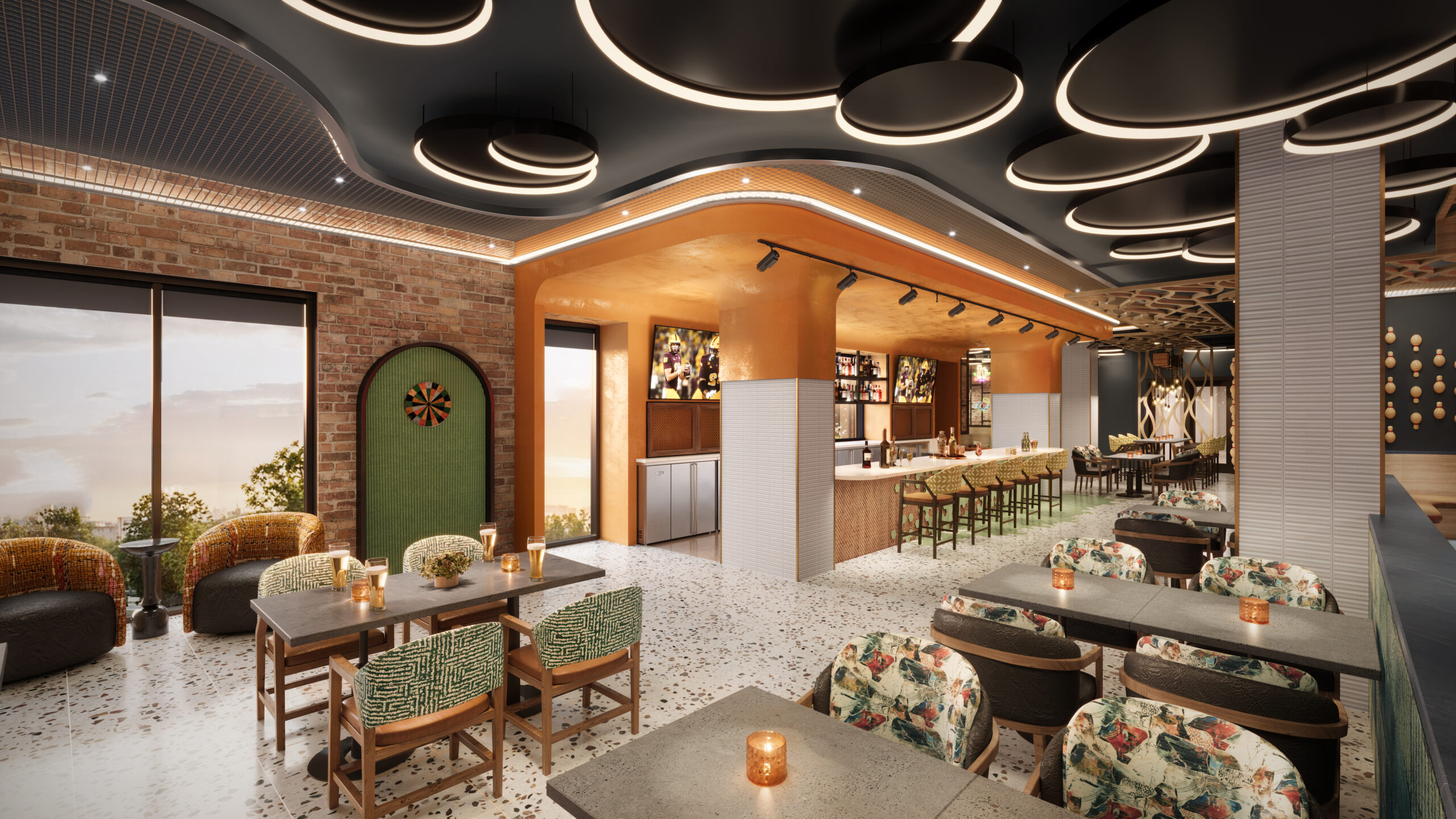 Modern dining area with stylish decor and seating