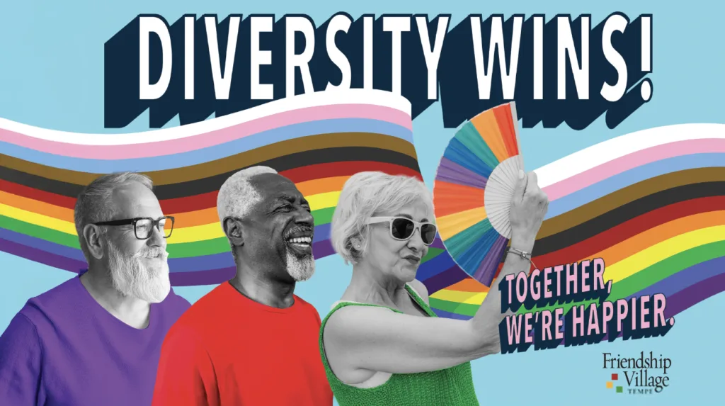 Diverse residents celebrating inclusivity with colorful backgrounds